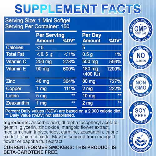 AREDS 2 Eye Vitamin & Mineral Supplement — Lutein and Zeaxanthin Supplement, Vitamin C & E, Zinc & Copper for Blue Light Protection, Eye Health Support