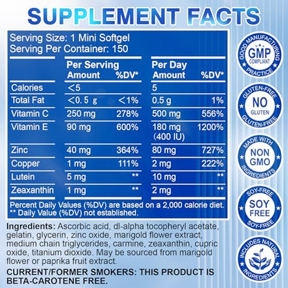 AREDS 2 Eye Vitamin & Mineral Supplement — Lutein and Zeaxanthin Supplement, Vitamin C & E, Zinc & Copper for Blue Light Protection, Eye Health Support