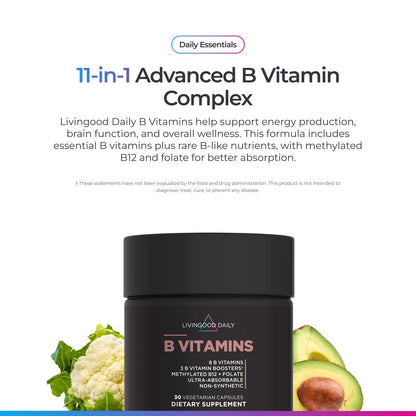 Livingood Daily Vitamin B Complex Capsules for Men and Women, Methylated B12 & Folate, 11 Active Forms Including B1 B2 B3 B5 B6 & Biotin, Gluten Free