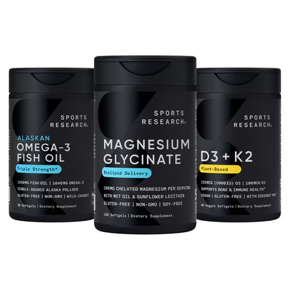 Sports Research® Multivitamins Pack - Triple Strength Omega-3 Fish Oil 1250 + 160 mg Chelated Magnesium Glycinate + Vegan Vitamin D 5000iu & Mk7 Vitamin K 100mcg Sports Research buy supplements Au