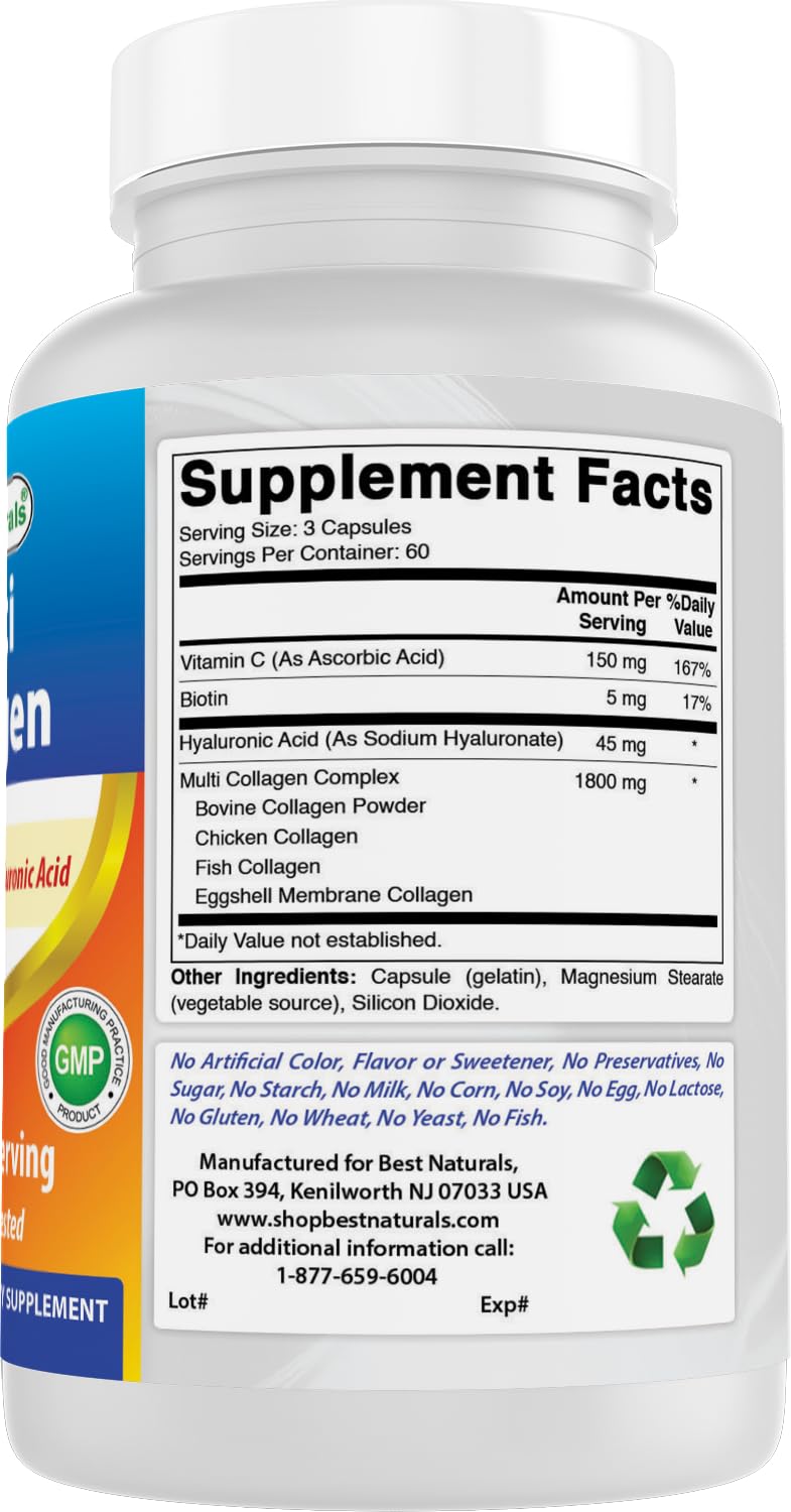 Best Naturals Multi Collagen Pills 2000mg for Women & Men - Hydrolyzed Collagen Peptides Capsules for Hair Skin and Nails with Types I II III V X, Biotin, Hyaluronic Acid & Vitamin C Best Naturals buy supplements Au