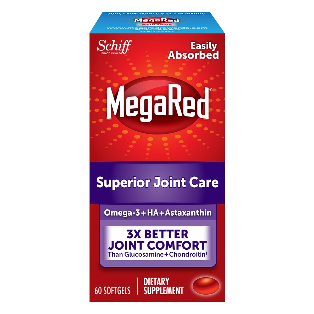 Omega-3 Krill Oil and Joint Supplement - Megared Joint Care 60 softgels - EPA/DHA fatty acids, Antioxidants, Hyaluronic acid, No fishy burp aftertaste as with Fish Oil MegaRedBuy Supplements Australia