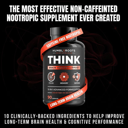 All-Natural Brain Supplement for Memory and Focus - Caffeine-Free Long-Term Cognitive Support - 10 Nootropic Ingredients Including Lion’s Mane, Bacopa, Turmeric, Ginkgo & Huperzine A - 90 Capsules