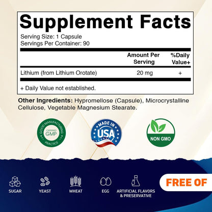 Vitamatic Lithium Orotate 20mg, 90 Capsules - Veggie Caps, Non-GMO, Gluten Free