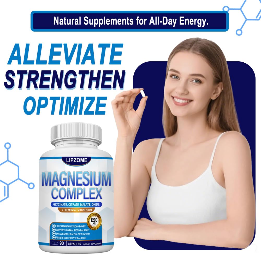 Magnesium Complex Supplement 1200mg - Advanced 7-in-1 Magnesium Blend - Glycinate, Citrate, Malate, Taurate, Oxide, Aspartate, Orotate – High Absorption Formula – Non-GMO, 90 Capsules Lipzome buy supplements Au