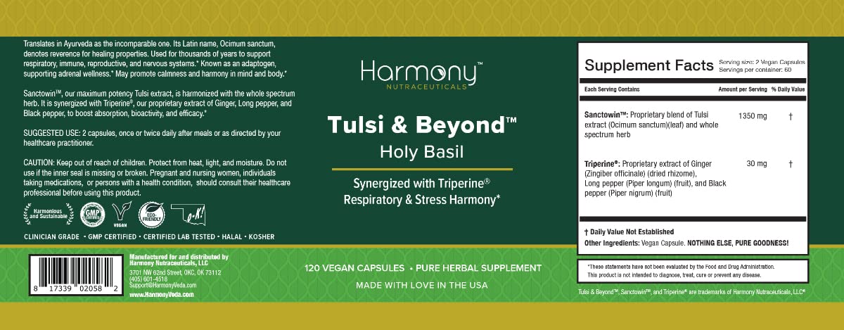 Tulsi - Holy Basil Supplement - Highest Potency, Maximum bio-availabilty, Made with Organic Herbs (Vegetarian Capsules, 120 Count) Harmony Nutraceuticals buy supplements Au