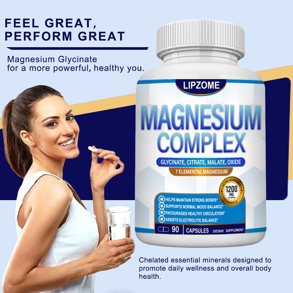 Magnesium Complex Supplement 1200mg - Advanced 7-in-1 Magnesium Blend - Glycinate, Citrate, Malate, Taurate, Oxide, Aspartate, Orotate – High Absorption Formula – Non-GMO, 90 Capsules Lipzome buy supplements Au
