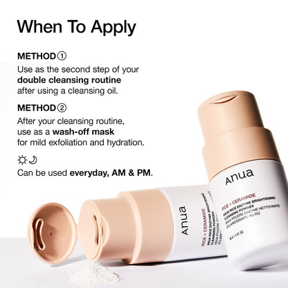 ANUA Rice Enzyme Brightening Cleansing Powder, Exfoliating Powder-to-Foam Cleanser, Smooth Texture & Clarity