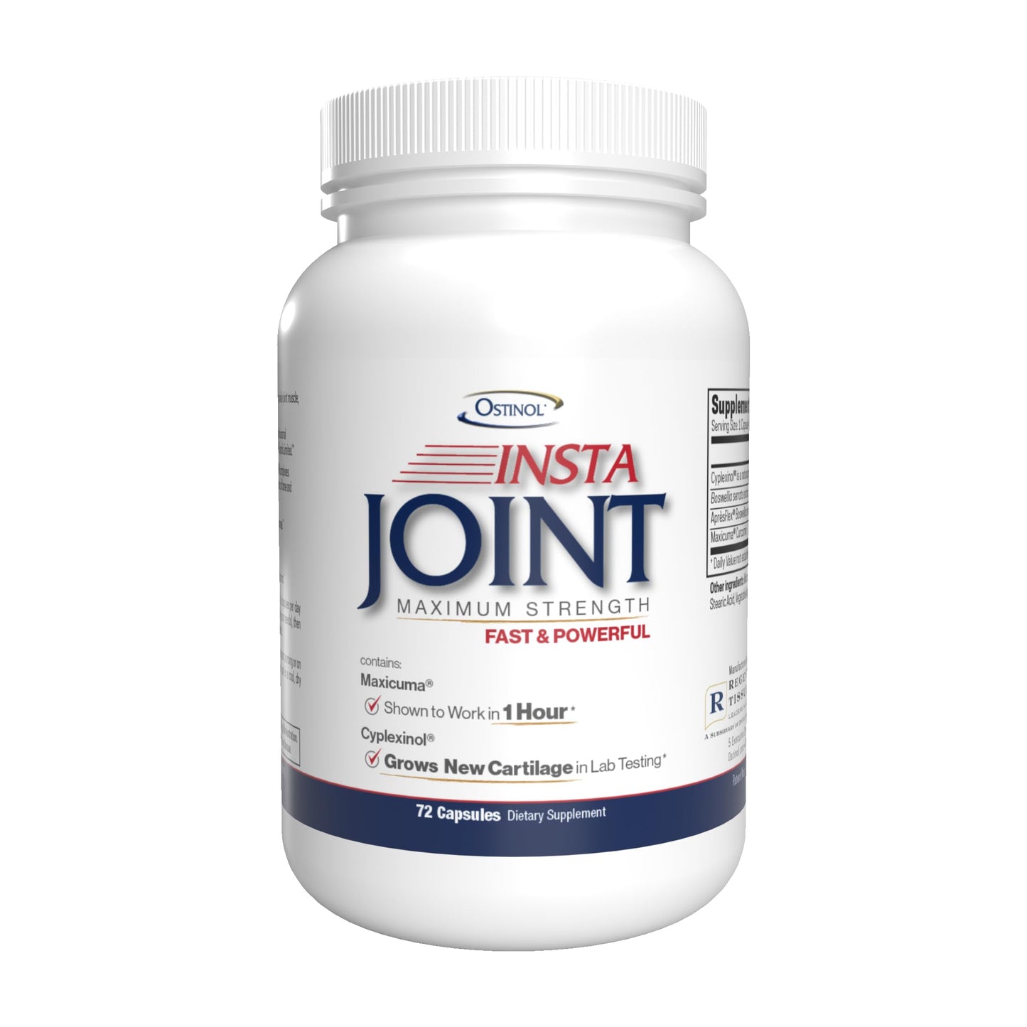 White supplement bottle labeled 'Insta Joint Maximum Strength' on a white background