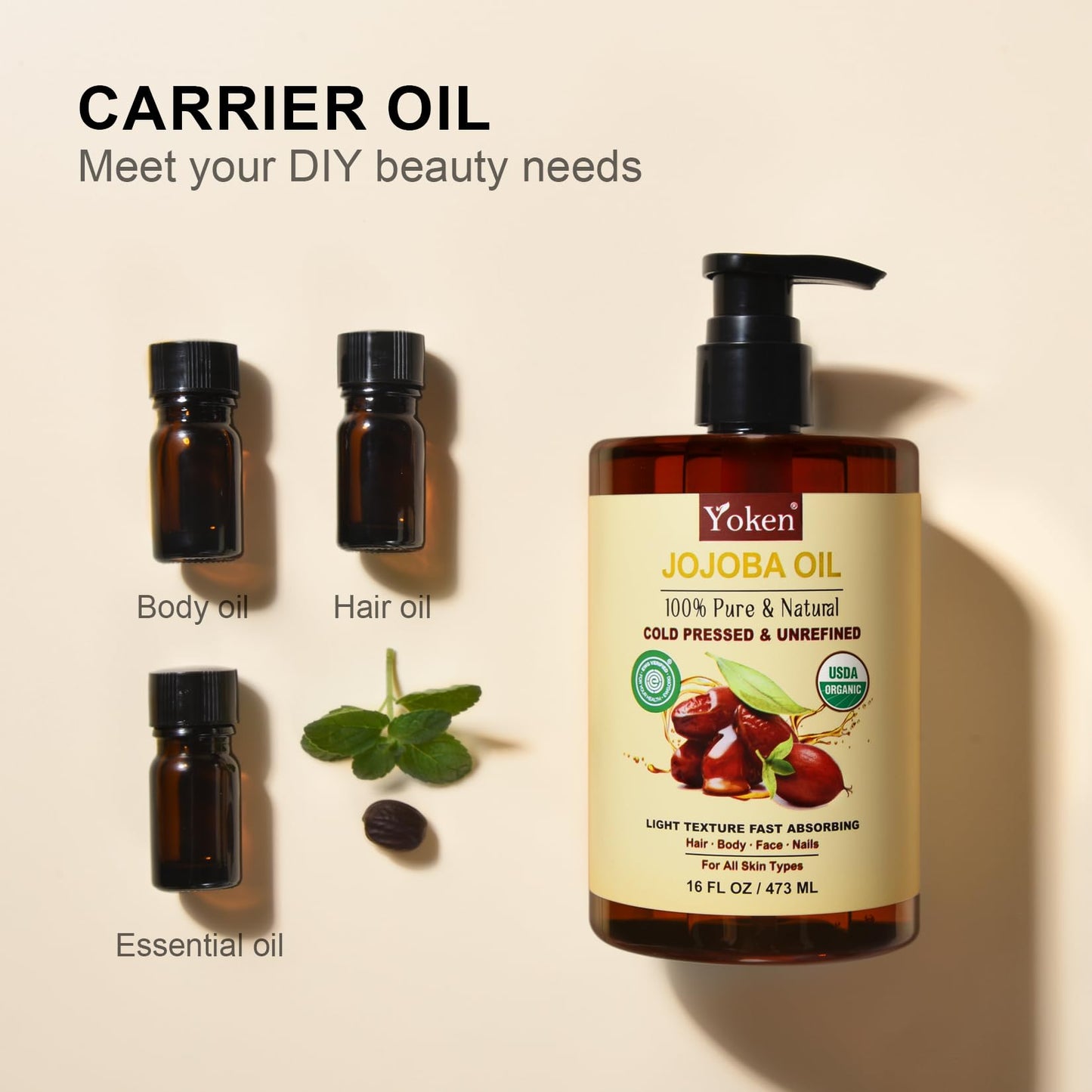 Yoken Pure Jojoba Oil Organic USDA Certified 16 fl oz, 100% Natural Jojoba Oil for Hair