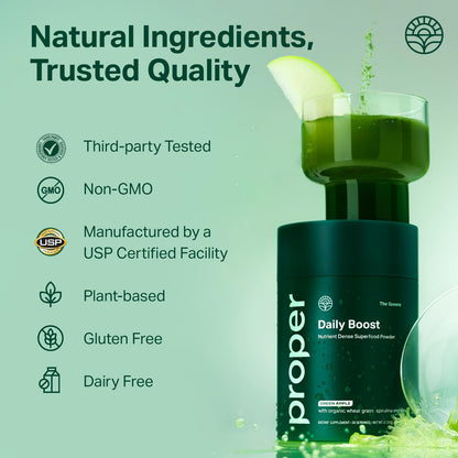 Proper, The Greens Daily Boost Organic Greens Powder. Whole Food, Apple Flavour Veggie Powder Superfood with Wheatgrass, Spirulina, Chlorella, Probiotics.