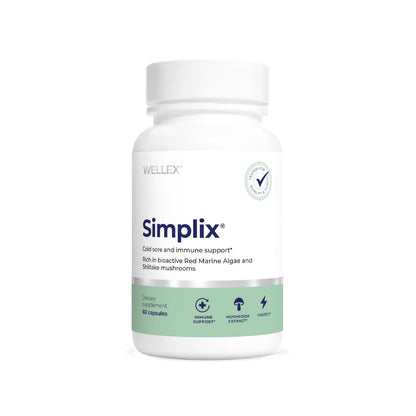 White bottle of Simplix dietary supplement by Wellex on a white background
