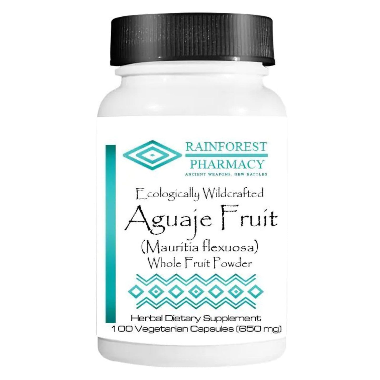 Supplement bottle labeled 'Rainforest Pharmacy' with 'Aguaje Fruit' on a white background