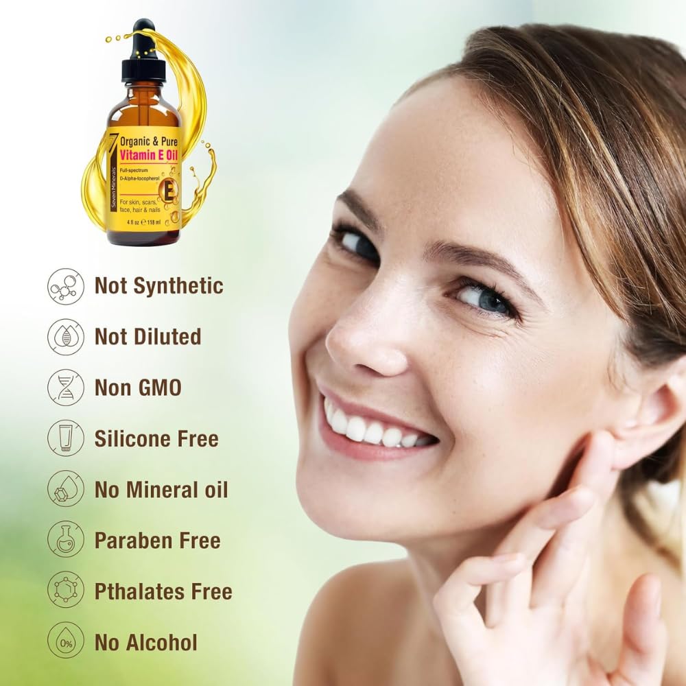 Seven Minerals Ultra Pure Vitamin E Oil - Full-Spectrum D-Alpha Tocopherol, 1 Fl Oz - 100% Organic Vitamin E Oil for Skin