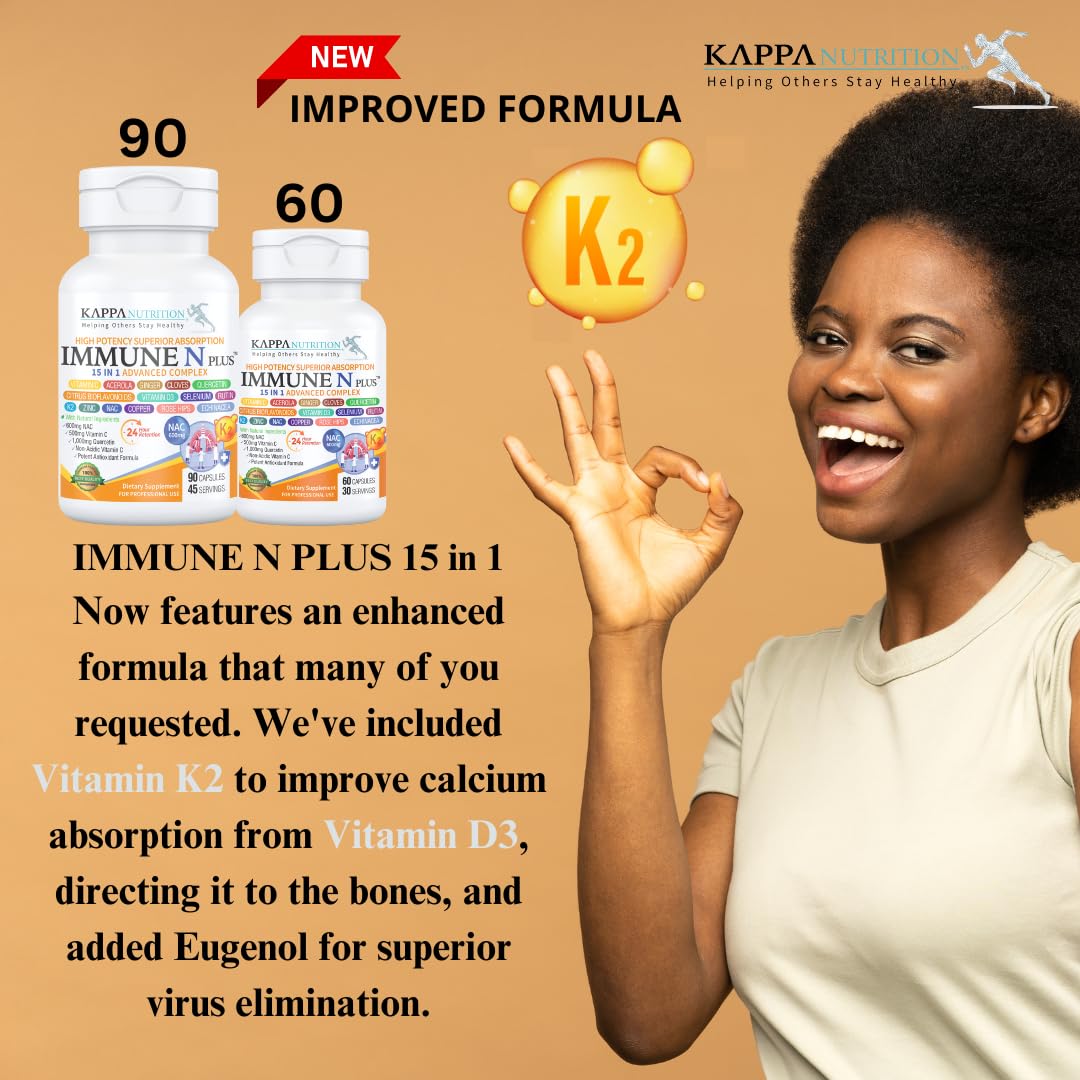 (60 Capsules), NAC 600mg, Quercetin 1,000mg, Vitamin C 500mg, Zinc 50mg, Vitamin D3 5,000iu, Selenium, Copper, Acerola, Ginger, Rutin, Citrus Bioflavonoids, Rose Hips, Echinacea, Immune N Plus 15 in 1 KAPPA NUTRITION buy supplements Au