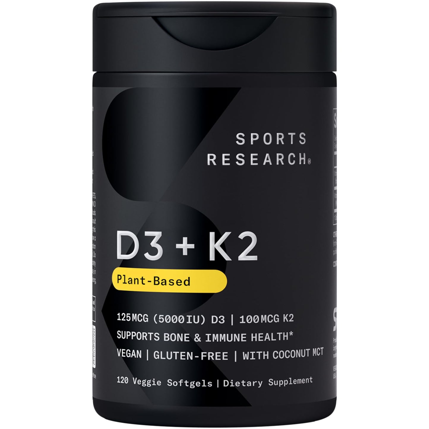 Sports Research Vitamin D3 with K2 Softgels - Plant Based K2 & Vegan D3 5000iu with Coconut MCT Oil - Vegan Certified, Soy & Gluten Free - 120 Count Sports Research buy supplements Au