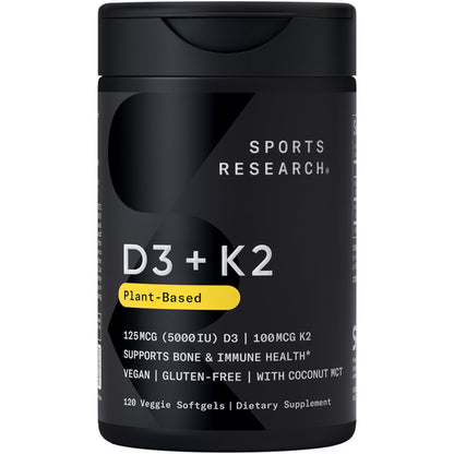 Sports Research Vitamin D3 with K2 Softgels - Plant Based K2 & Vegan D3 5000iu with Coconut MCT Oil - Vegan Certified, Soy & Gluten Free - 120 Count Sports Research buy supplements Au