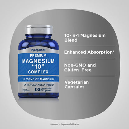 Piping Rock Magnesium 10 in One Complex | 130 Capsules | Supplement for Men and Women | Vegetarian, Non-GMO, Gluten Free Piping Rock buy supplements Au