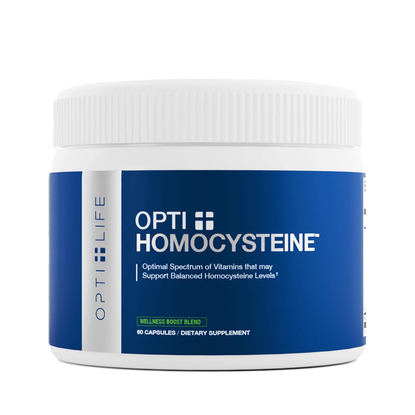 Supplement jar labeled 'Opti Homocysteine' on a white background