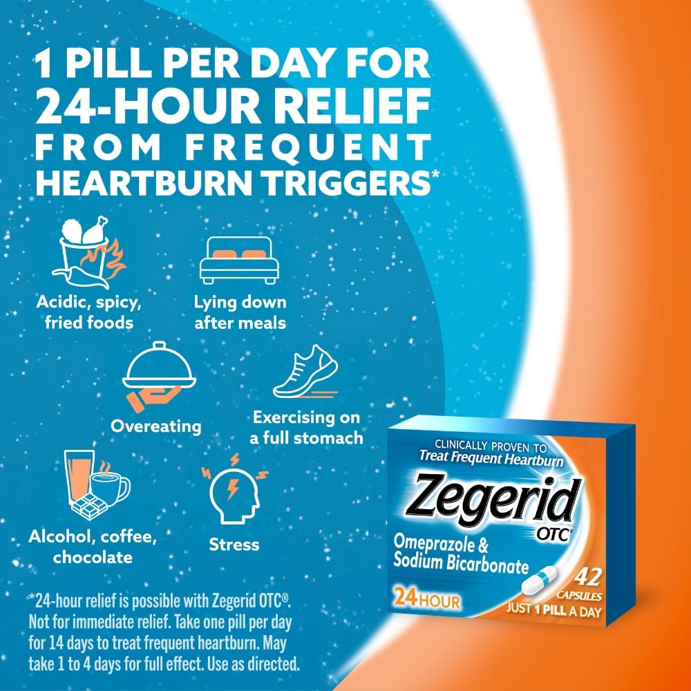Zegerid OTC, 24-Hour Heartburn Relief, Acid Reflux Medicine and Antacid, Treats Frequent Heartburn, Omeprazole 20mg + Sodium Bicarbonate, Proton Pump Inhibitor (PPI), Two 42ct Cartons Zegerid OTC buy supplements Au