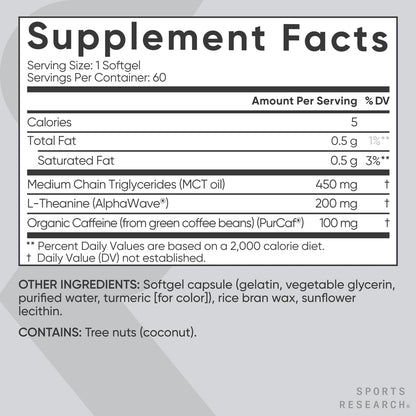 Sports Research L-Theanine Supplement with Caffeine & Coconut MCT Oil - Focused Energy, Alertness & Relaxation Without Drowsiness - 200mg L Theanine, 100mg Organic Caffeine - 60 Liquid Softgels Sports Research buy supplements Au