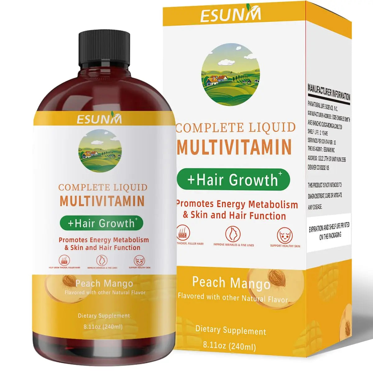 ESUNM Complete Liquid Multivitamin + Hair Growth, Promotes Energy Metabolism& Skin and Hair Function| Vitamin C D | B Vitamins | ESUNM
