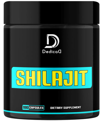 Black container of DedicaD Shilajit dietary supplement with yellow text