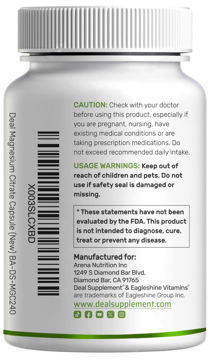DEAL SUPPLEMENT Magnesium Citrate 500mg, 240 Capsules | Easily Absorbed, Purified Trace Mineral – One a Day, Non-GMO