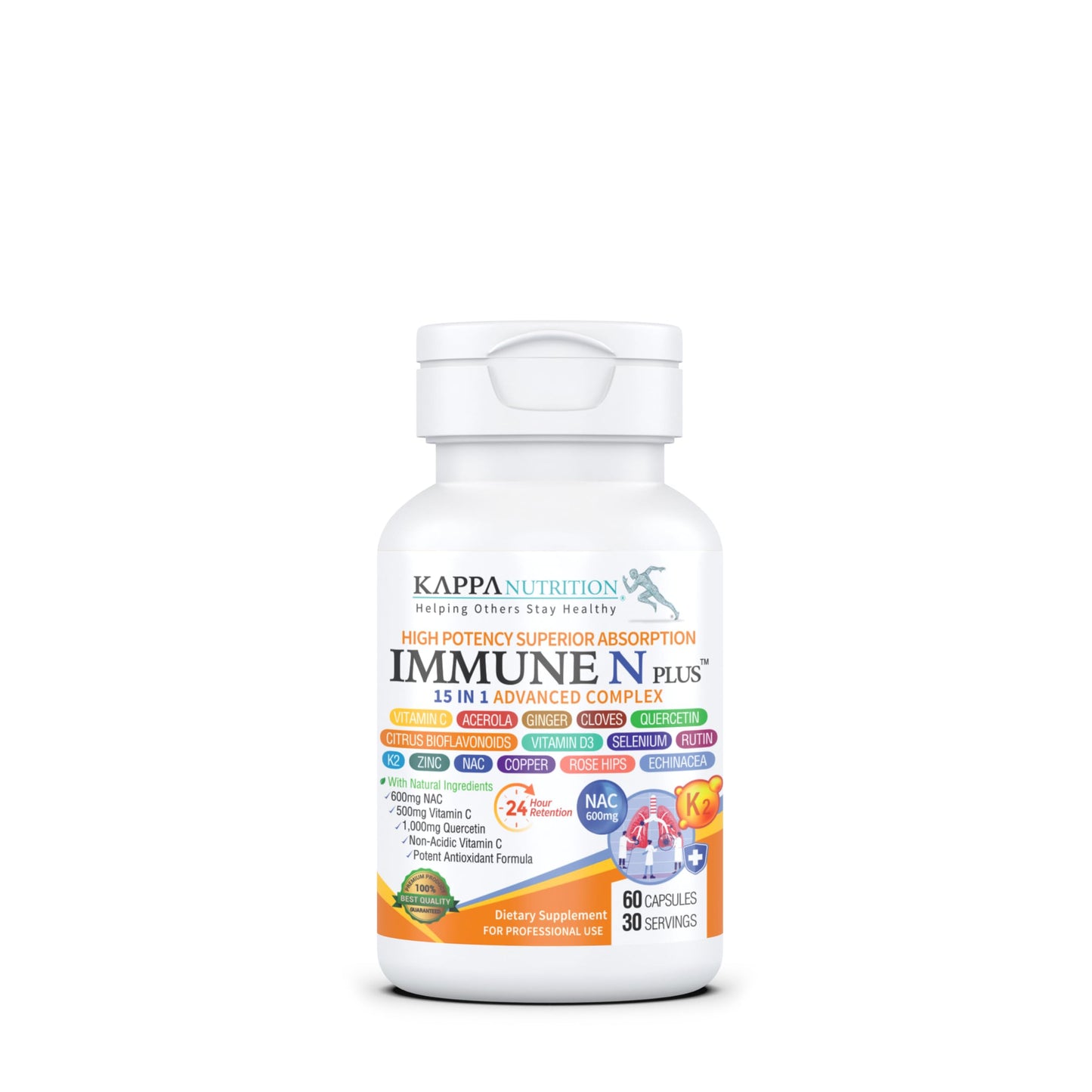 (60 Capsules), NAC 600mg, Quercetin 1,000mg, Vitamin C 500mg, Zinc 50mg, Vitamin D3 5,000iu, Selenium, Copper, Acerola, Ginger, Rutin, Citrus Bioflavonoids, Rose Hips, Echinacea, Immune N Plus 15 in 1 KAPPA NUTRITION buy supplements Au