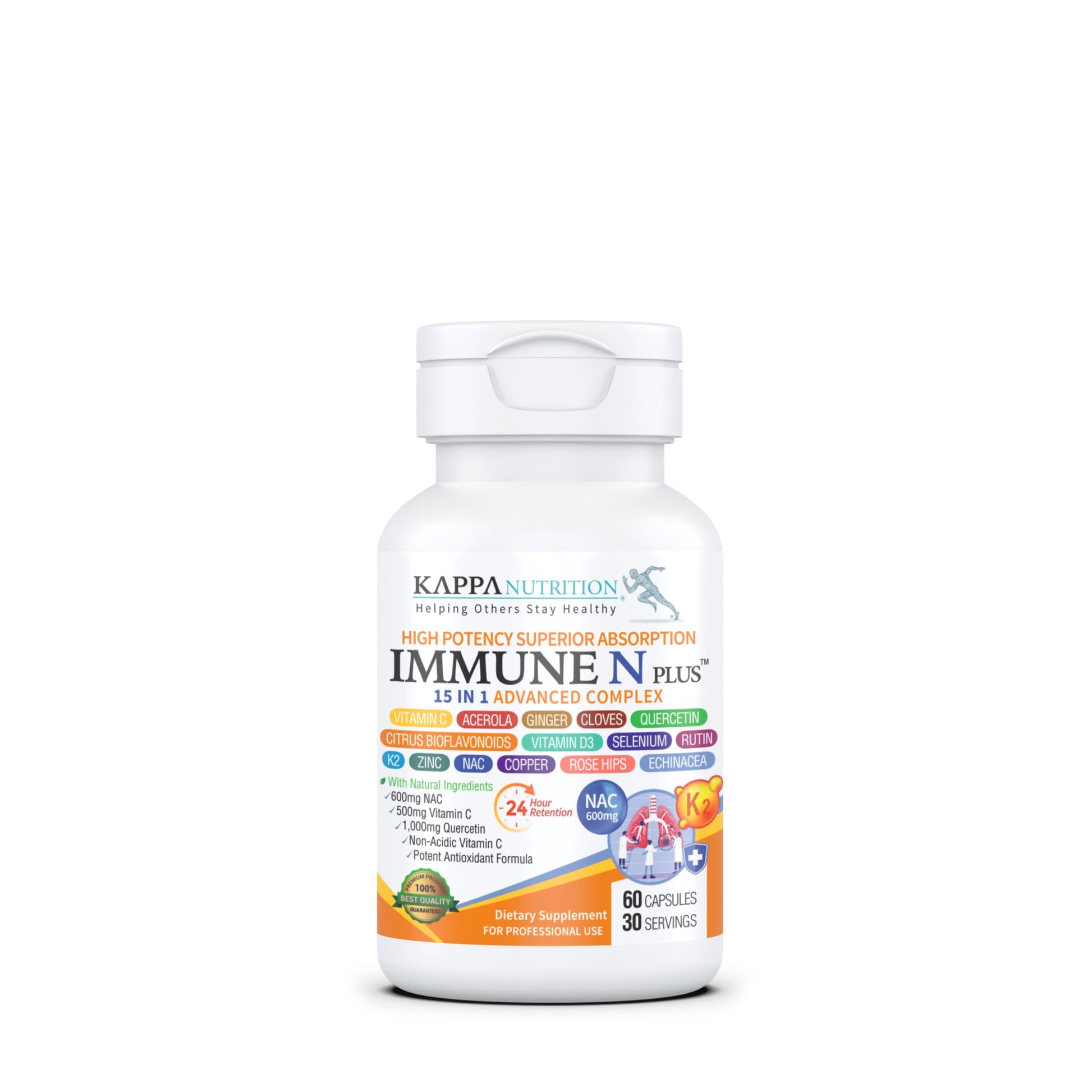 (60 Capsules), NAC 600mg, Quercetin 1,000mg, Vitamin C 500mg, Zinc 50mg, Vitamin D3 5,000iu, Selenium, Copper, Acerola, Ginger, Rutin, Citrus Bioflavonoids, Rose Hips, Echinacea, Immune N Plus 15 in 1 KAPPA NUTRITION buy supplements Au