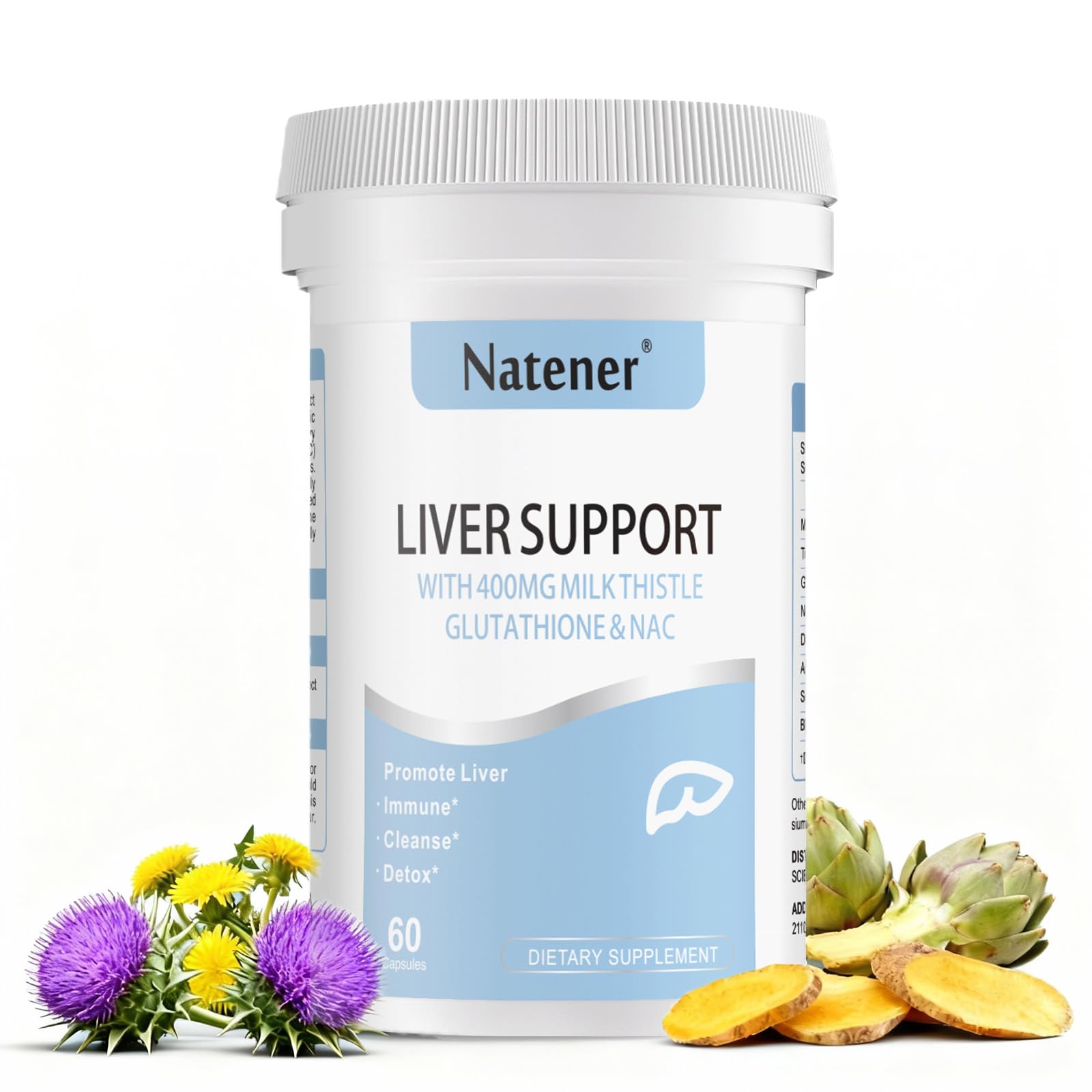 Natener Liver Support with 200mg Milk Thistle, 100mg Glutathione, 100mg NAC, 150mg Tumeric, Dandelion, Artichoke, Liver Cleanse Detox & Repair, Supports Energy*, Immunity & Liver Health*, 60 caps Natener buy supplements Au
