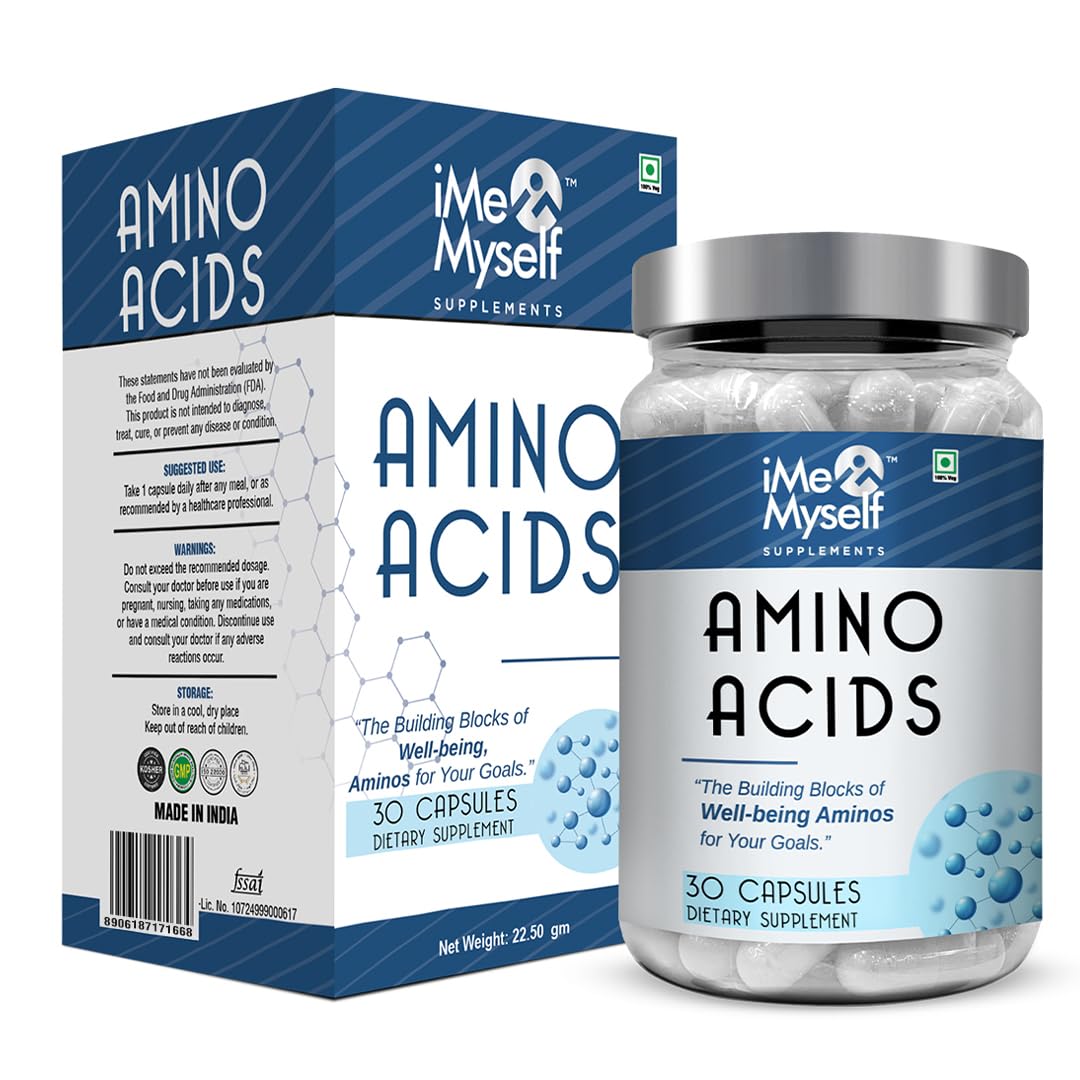 Amino acids supplement bottle and packaging with 'iMe & Myself' branding on a white background.