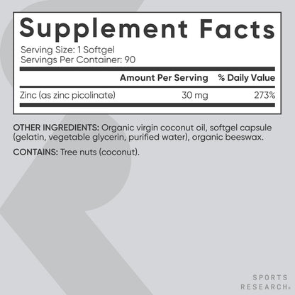 Sports Research High Potency Zinc Picolinate 30mg with Organic Coconut Oil | Highly Absorbable Zinc Supplement for Healthy Immune & Enzyme Function