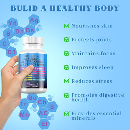 Pyzor Sea Moss Black Seed Oil Ashwagandha Turmeric Bladderwrack Burdock, Elderberry Manuka Dandelion, Burdock Root Turmeric Vitamin D3 Chlorophyll - 60 Capsules Pyzor buy supplements Au