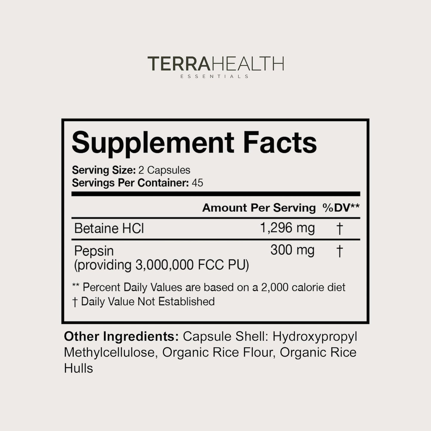 Terra Health Essentials Reflux Inhibitor - Digestive Supplement for Stomach Comfort, Acid Balance & Nutrient Absorption - Betaine HCL with Pepsin