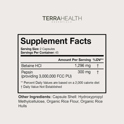 Terra Health Essentials Reflux Inhibitor - Digestive Supplement for Stomach Comfort, Acid Balance & Nutrient Absorption - Betaine HCL with Pepsin