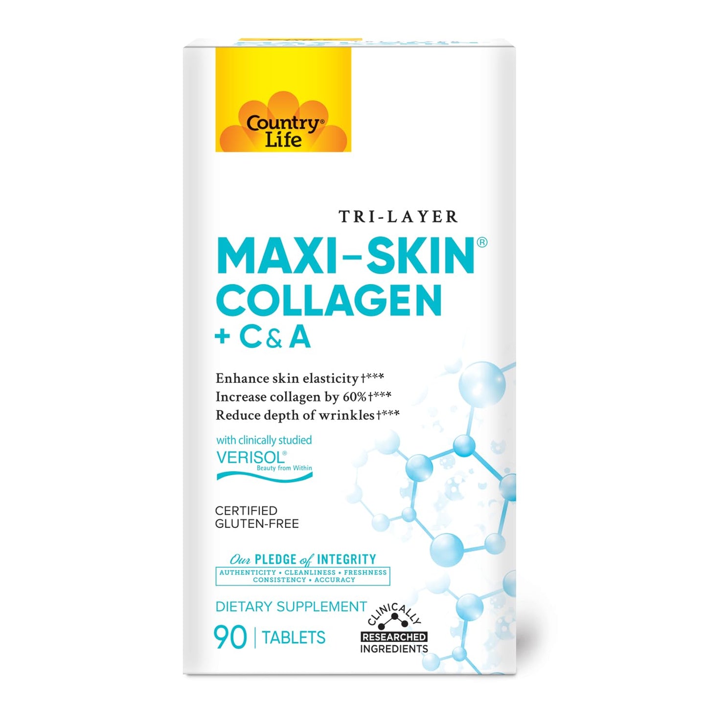 Country Life Verisol Collagen Peptides Tablets - Reduce Depth of W[KB2] rinkles & Enhance Skin Elasticity-90 Tablets-Includes Vitamin A&C - Collagen Powder for Women & Men - Boost Skin Collagen by 60% Country Life buy supplements Au