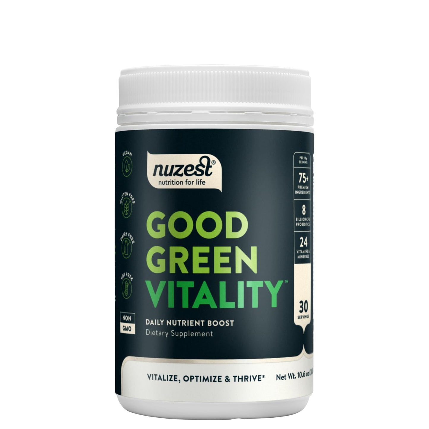 Nuzest Good Green Vitality supplement container on a white background