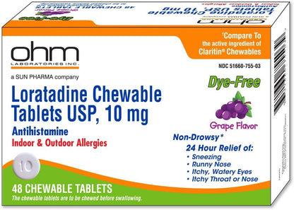 Ohm Loratadine 10mg, Chewable Tablets, Non-Drowsy Antihistamine for Indoor & Outdoor Allergies | Grape Flavor, Dye-Free, Allergy Relief (Large, 48, Count) Ohm buy supplements Au