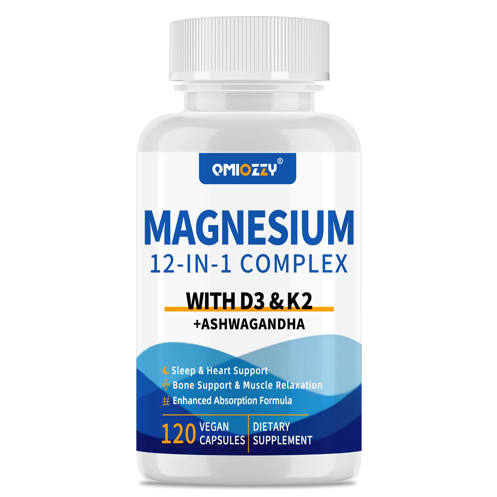 Supplement bottle labeled 'MAGNESIUM 12-IN-1 COMPLEX' with Omiozzy branding on a white background