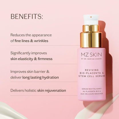 MZ SKIN Reviving Bio-Placenta & Stem Cell Serum, Night Treatment for Powerful Rejuvenation, With Peptides, Squalane & Hyaluronic Acid, Perfect For Anti-Aging, Wrinkles & Fine Lines, 1.01 fl oz