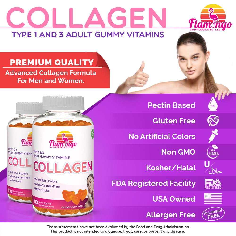 Collagen Gummies- Natural Marine Collagen for Women, and Men- Collagen Supplements for Skin Hair, Nails- Hydrolyzed Type 2 & 1 3- Replace Pills and Powders - No Gelatin, Kosher, Halal- 100 Ct. Flamingo Supplements buy supplements Au