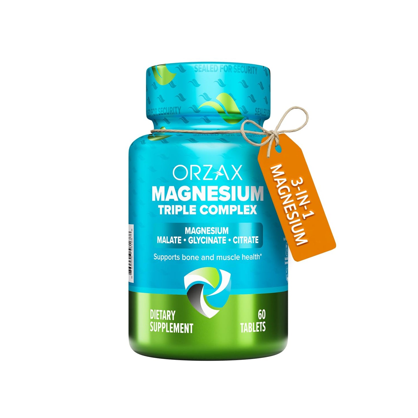 Orzax Magnesium Triple Complex dietary supplement bottle with a tag on a white background