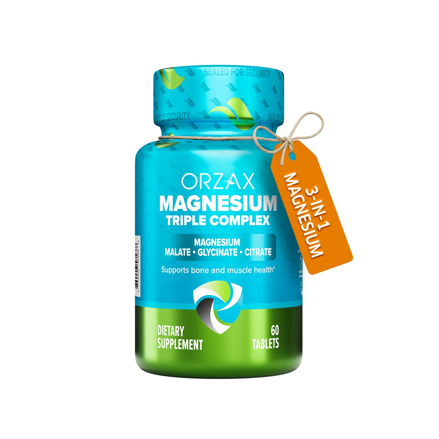 Orzax Magnesium Triple Complex dietary supplement bottle with a tag on a white background