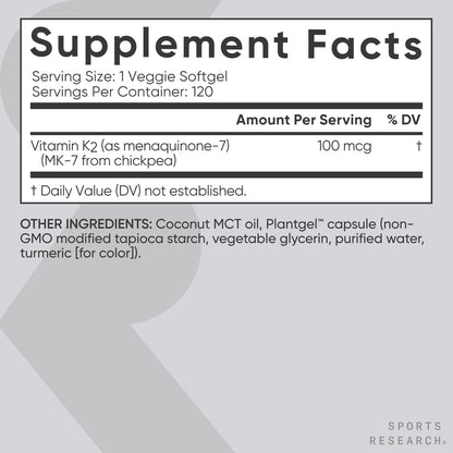 Sports Research Vitamin K2 as MK-7 100mcg with Coconut MCT Oil - 120 Veggie Softgels (4 Month Supply) Vegan Certified, Non-GMO Verified, Gluten & Soy Free Sports Research buy supplements Au