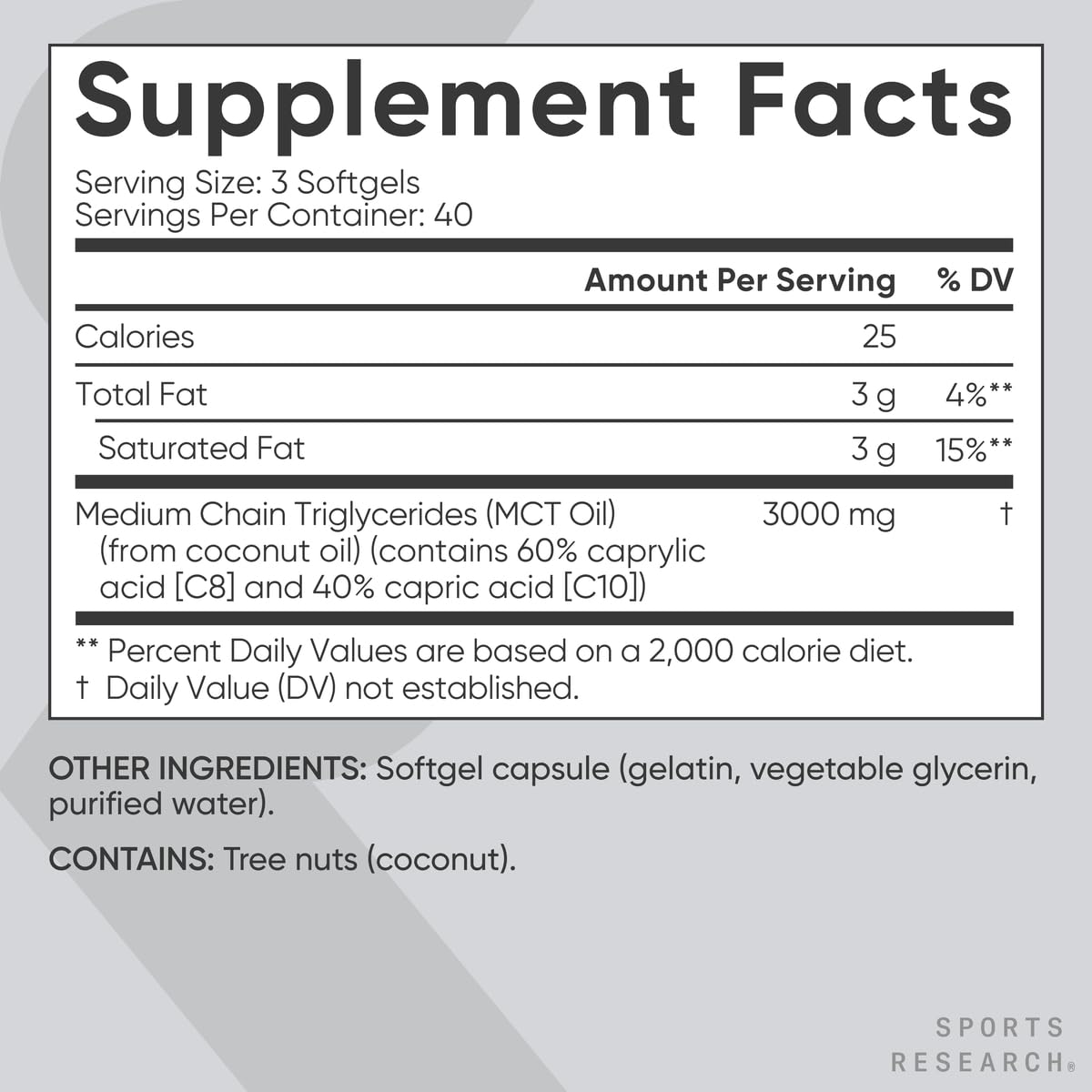 Sports Research MCT Oil Capsules derived from Coconut Oil | Keto Fuel for The Brain & Body | High Potency 3000 mg | Derived from Non-GMO Coconuts (120 Softgels) Sports Research buy supplements Au