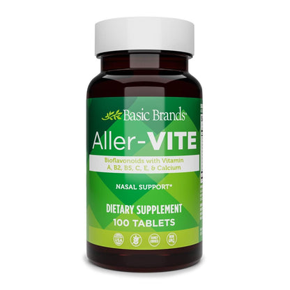 Supplement bottle labeled 'Aller-Vite' by Basic Brands on a white background