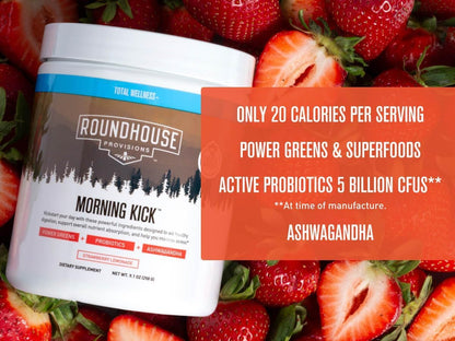 ROUNDHOUSE PROVISION Morning Kick, Zero Sugar Greens Superfood Powder Supplement with Ashwagandha, Collagen, Probiotics, Debloat Drink