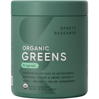 Sports Research® Organic Greens Superfood Powder w/Spirulina & Chlorella, Adaptogens, Enzymes, Probiotics & 8 VIT Bs for Gut & Mood Support* - Vegan, Sugar-Free & Low-Cal Original 30 Servings Sports Research buy supplements Au