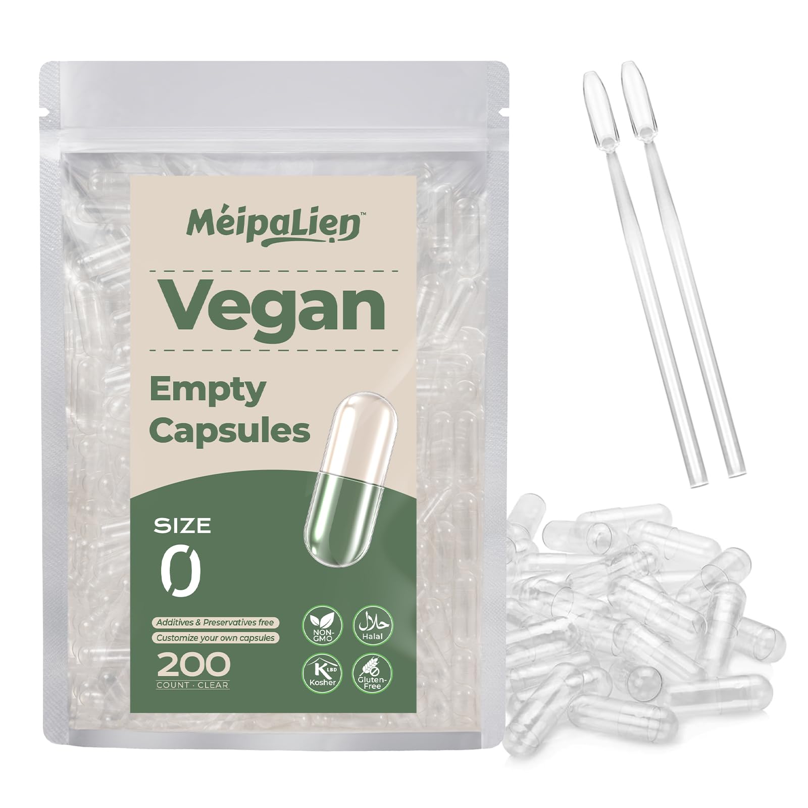 Meipalian vegan empty capsules packaging with capsules and a measuring tool on a white background